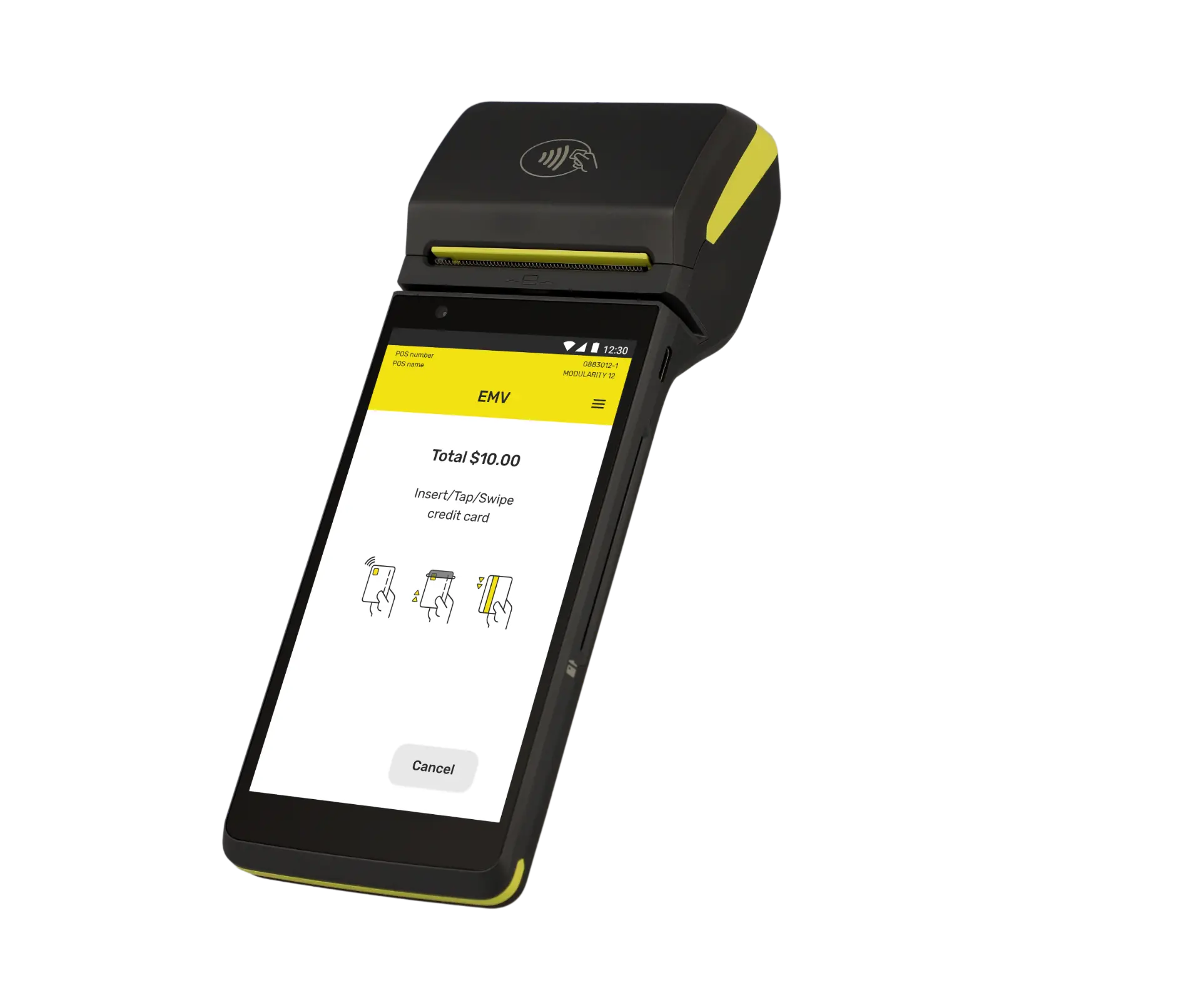 Nayax Nova 55F payment terminal, angled view showing a card payment screen